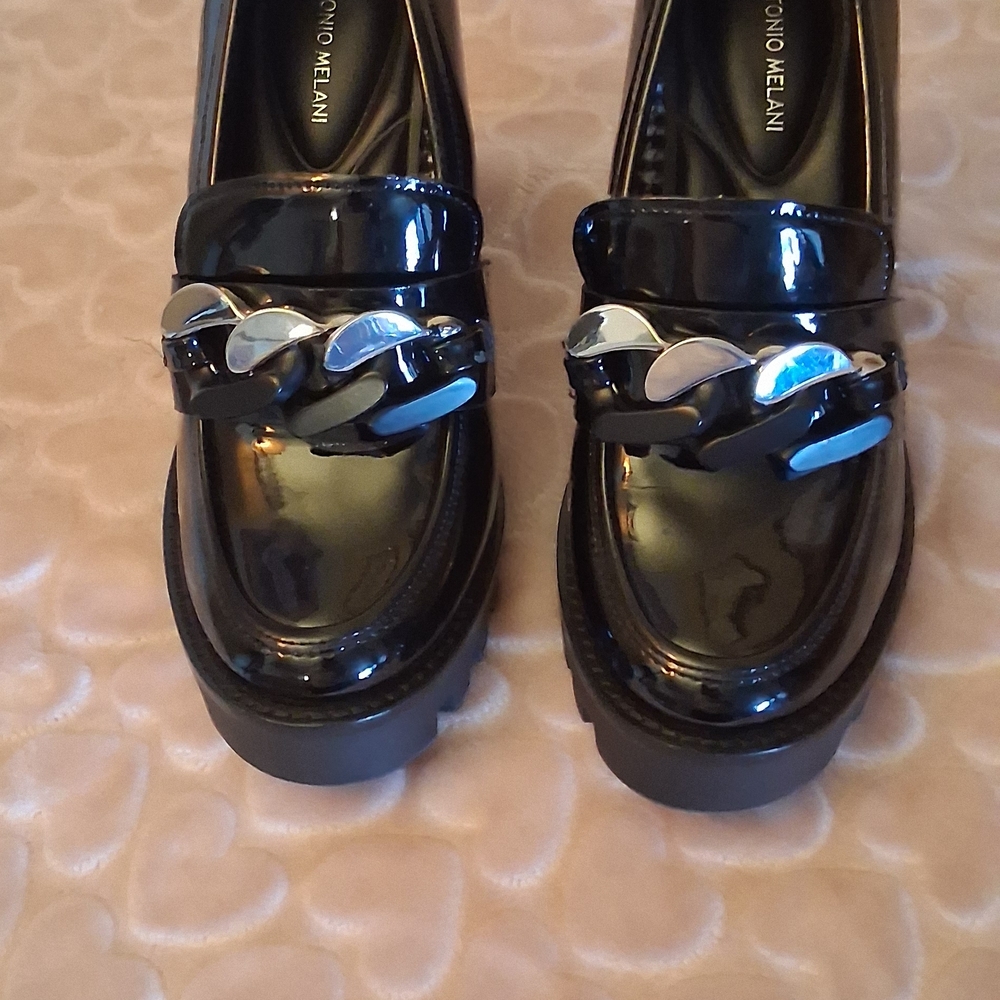 ANTONIO MELANI Black Patent Chain-Trim Loafers